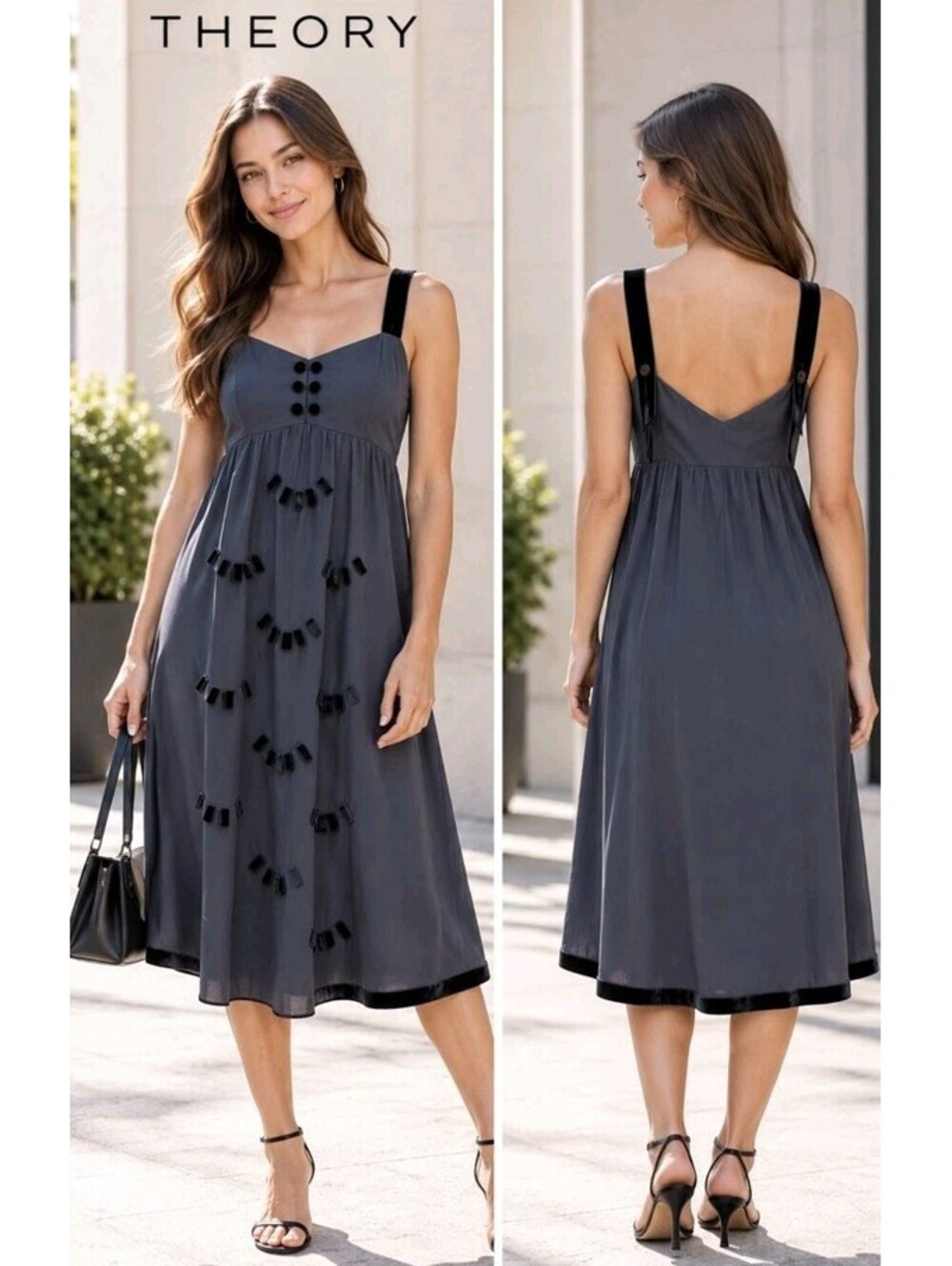 Theory empire-waist Vintage Hurst/charm 8 dress a dark slate grey Velvet Trim #C